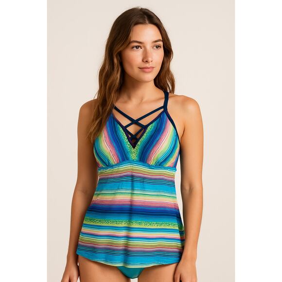 Boho Festival Bright Multicolor Striped Tankini Swim Top Size Large - Picture 1 of 7